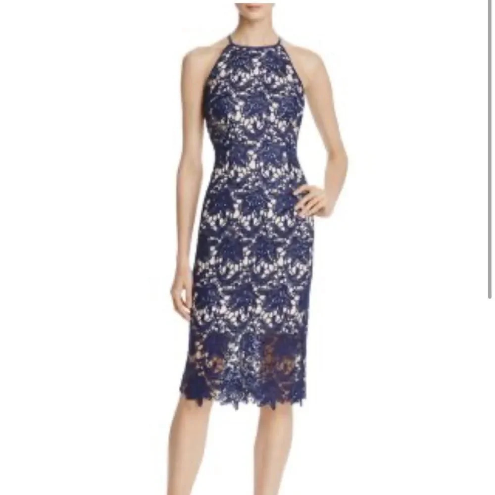Keepsake Blue True Love Lace Midi‎ Sleeveless Cocktail Dress Medium